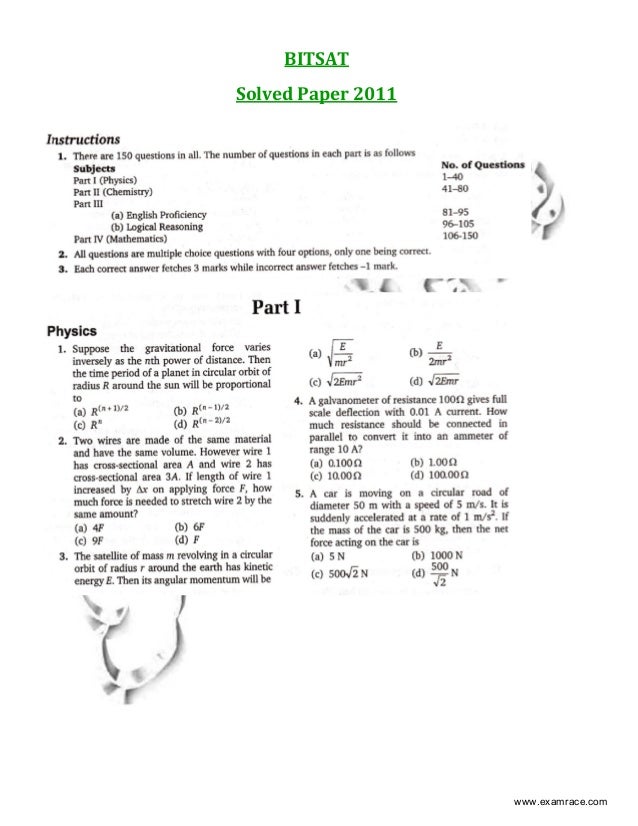 Bitsat 2015 Question Paper Pdf